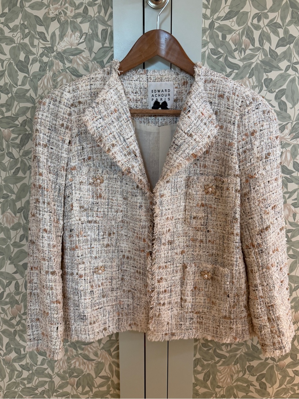 Edward Achour Paris Cream Tweed Fringed Blazer with Gold Buttons
